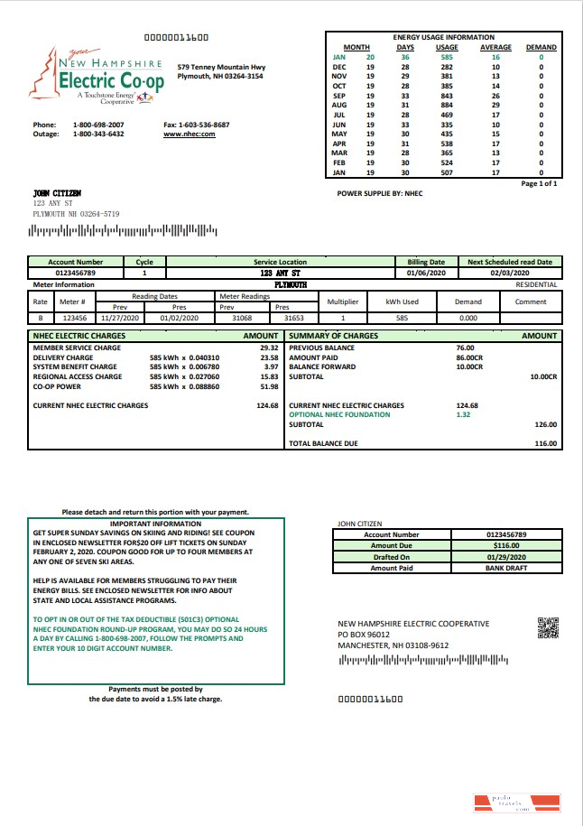 USA New Hampshire Electric Co op electricity utility bill template in Word and PDF format